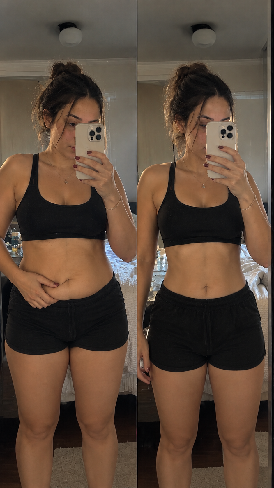 Mulher em roupa de treino diante do espelho, em imagem comparativa de referência